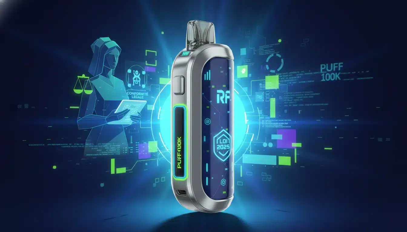 NewsPuff 100k in Francia: è legale? Le Guide Complet de la Réglementation 2025Illustrazione futuristica di un puff k vape promin